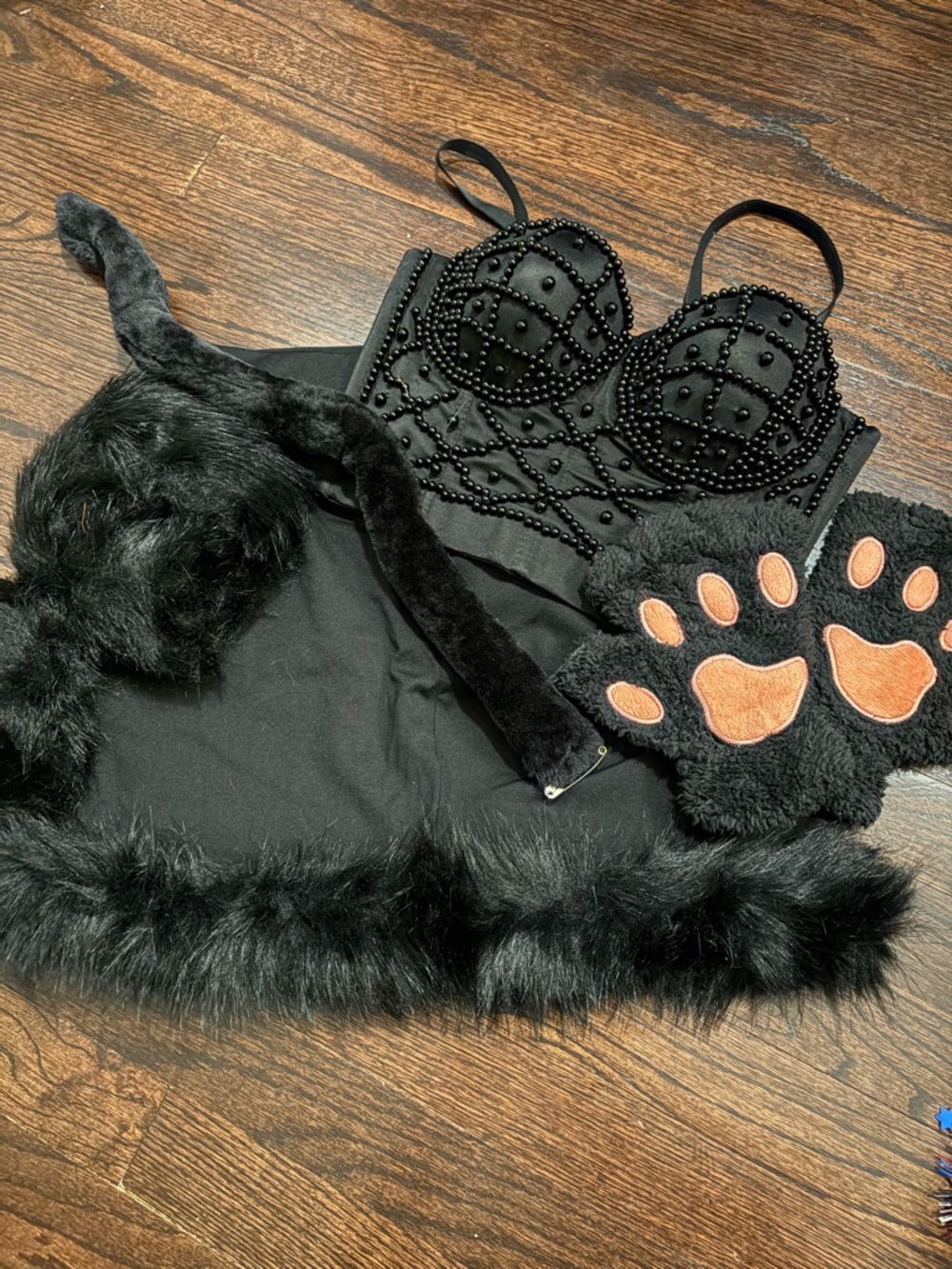 Black cat costume with Beaded Bustier Crop Top